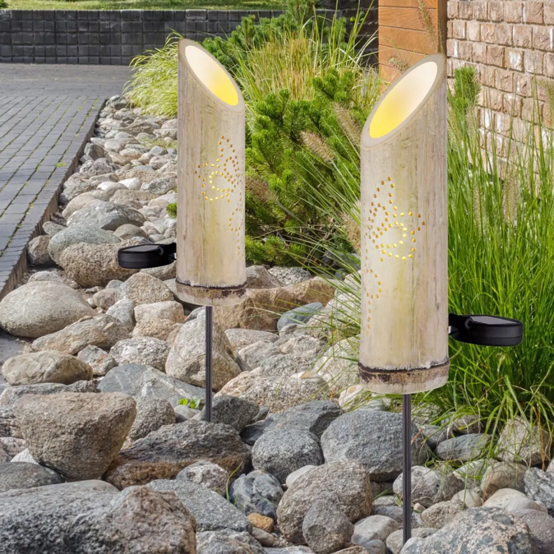Globo Steeklamp Bamboe Solar 4-delig - Warm wit 3000K - 12x79,5cm