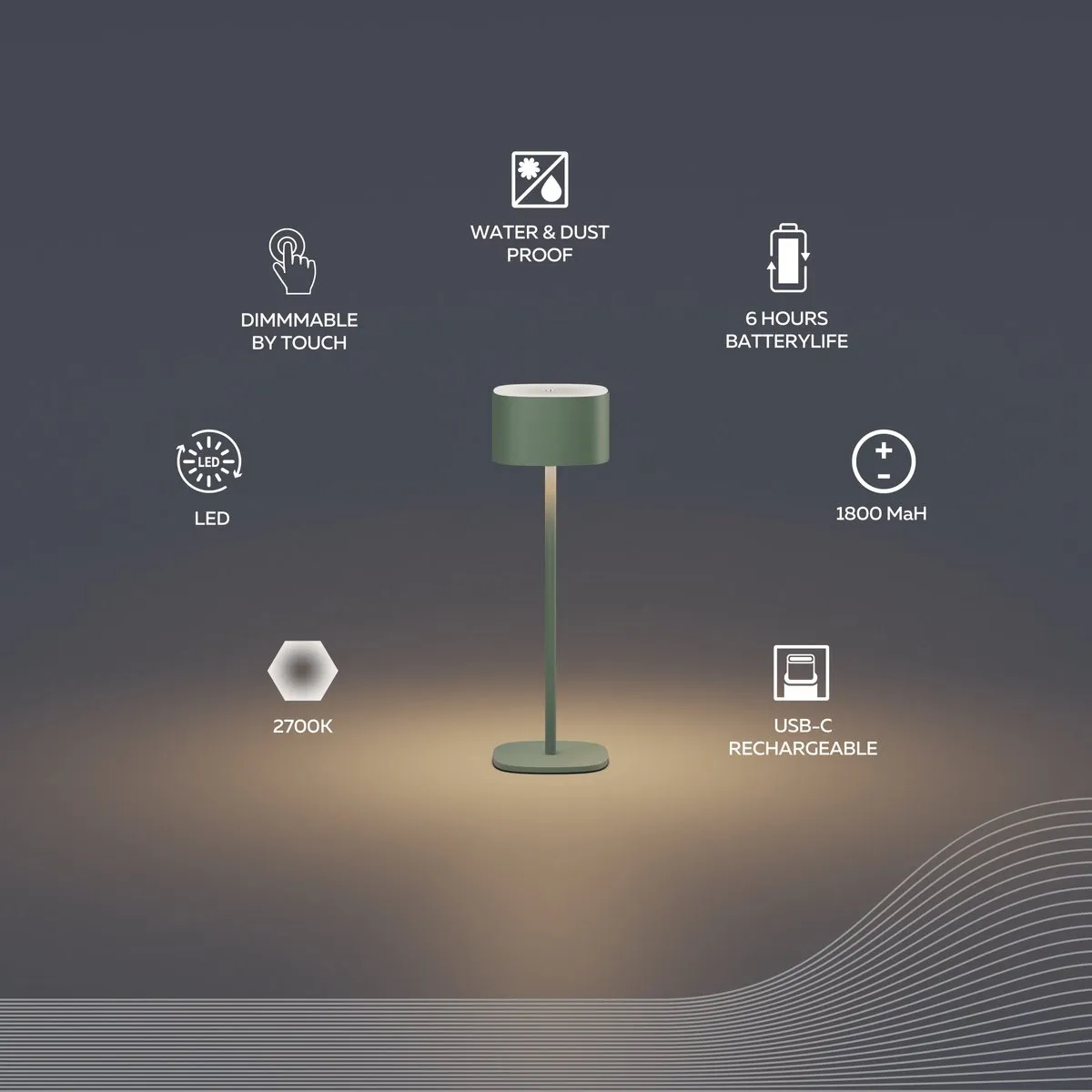 Calex Serino Oplaadbare Tafellamp Groen - Draadloos 2700K
