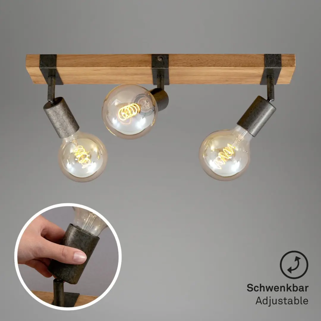 Briloner Wood Basic Plafondlamp 3xE27 - Hout/Metalen spots - Zwart