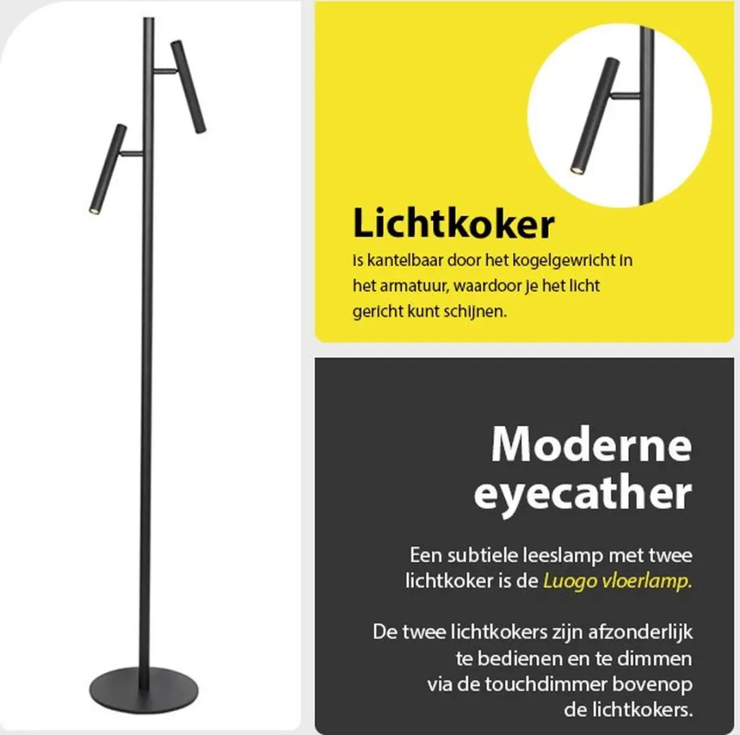 Freelight Luogo Vloerlamp LED 2700K - 2 Lichtpunten - Zwart