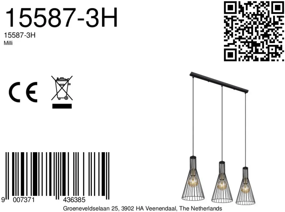 Globo Milli Hanglamp E27 - 3 Lichtpunten - Zwart - afbeelding 6 van 6