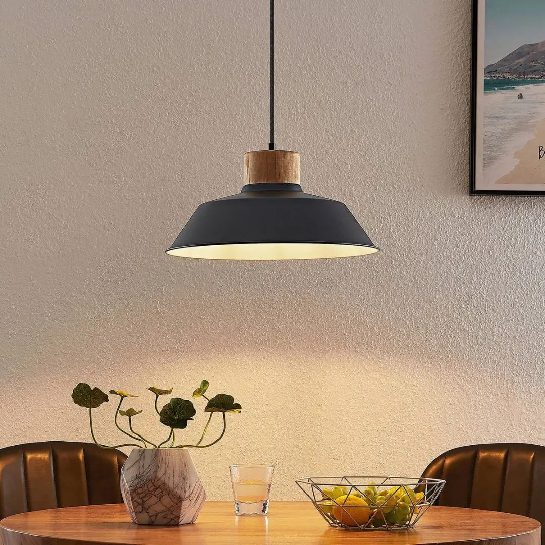Lindby Hanglamp Staal/Dennenhout 1 Licht - E27 - Zwart/Wit
