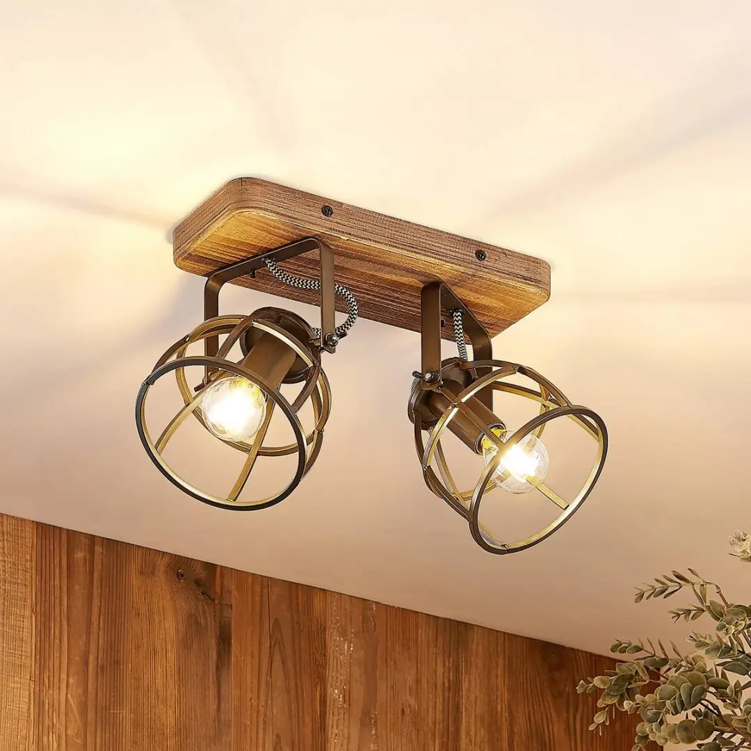 Lindby Plafondlamp Hout 2 Licht Metaal - Zwart/Bruin