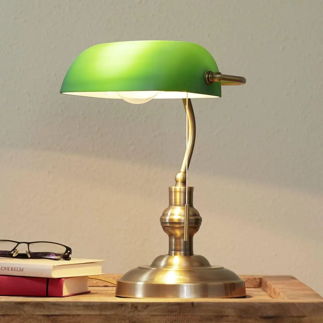 Lindby Bureaulamp Metaal Glas 38cm - Antiek Messing Groen