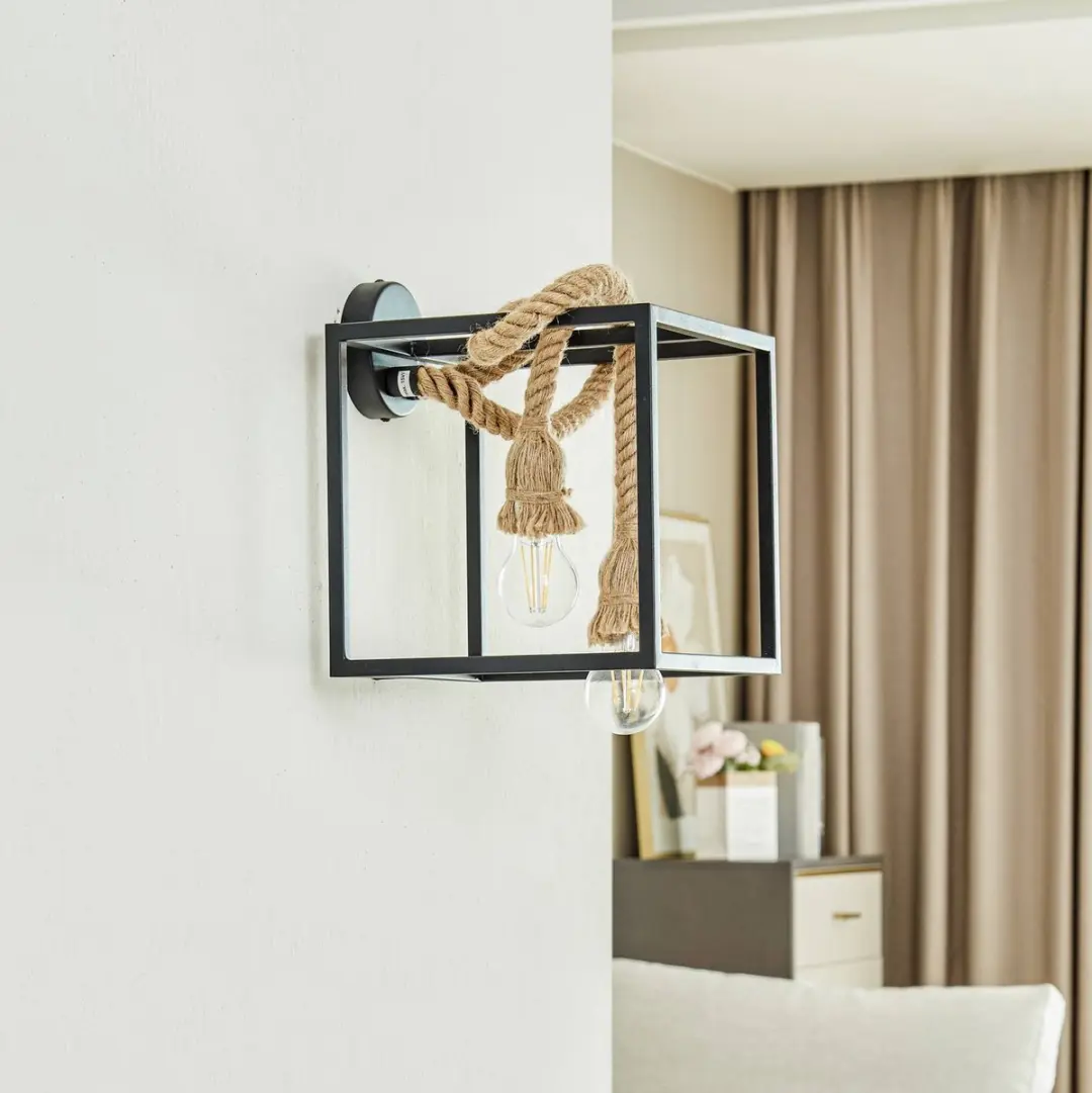 Lucande Wandlamp Design 2-Lichts - Staal/Henneptouw - Zwart/Lichtbruin