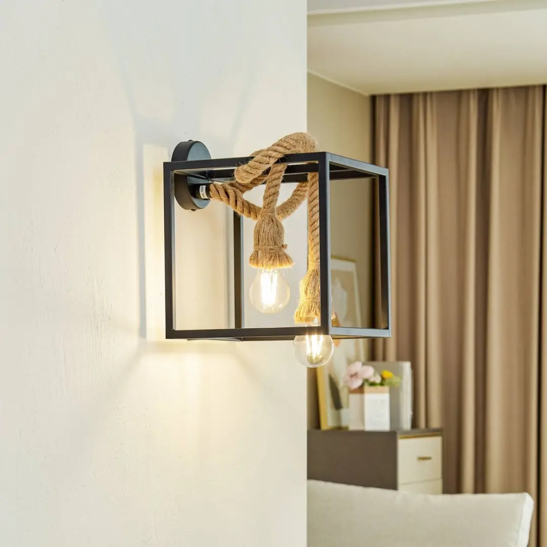 Lucande Wandlamp Design 2-Lichts - Staal/Henneptouw - Zwart/Lichtbruin