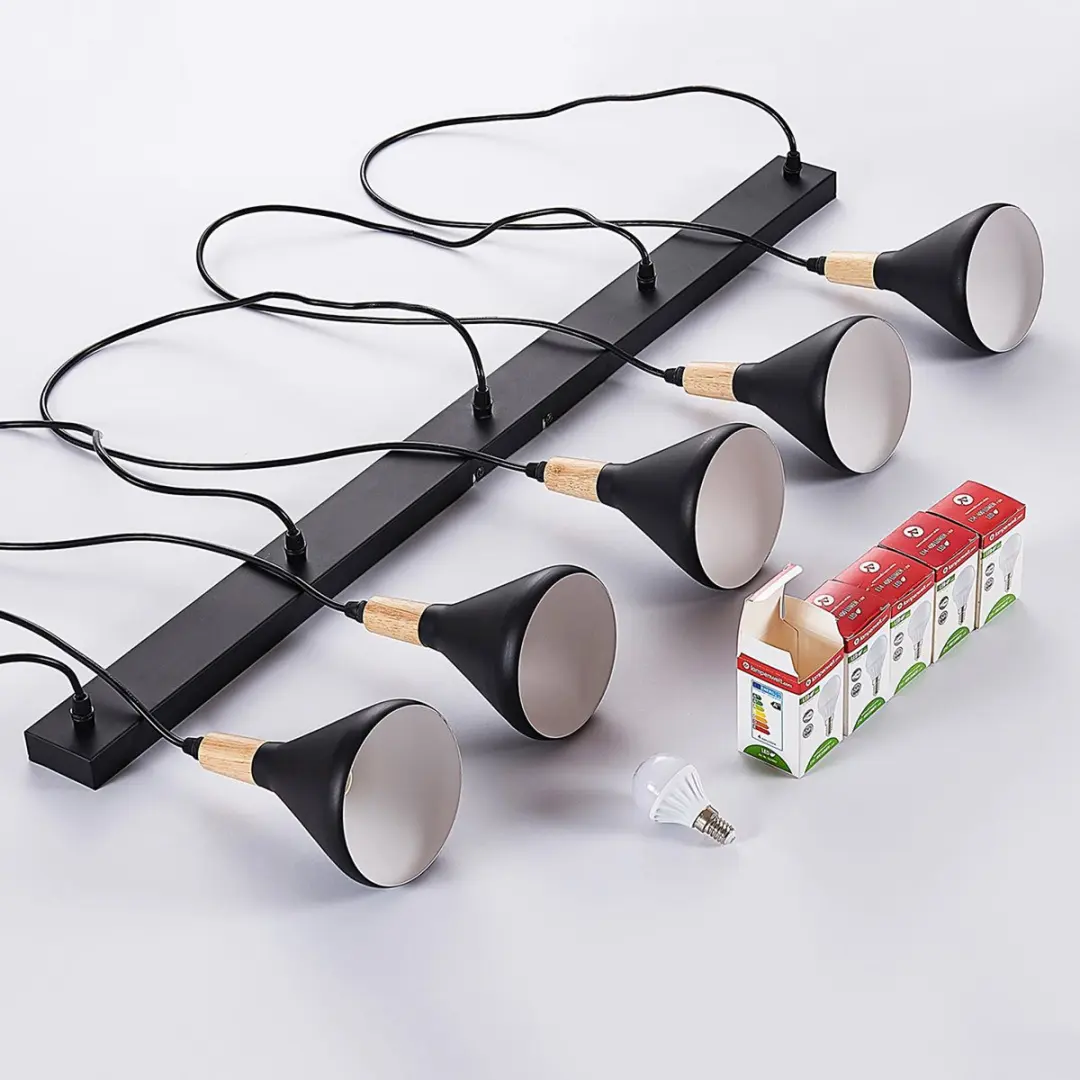 Lindby Hanglamp 5-Lichts Metaal/Hout - E14 - Zwart/Licht Hout
