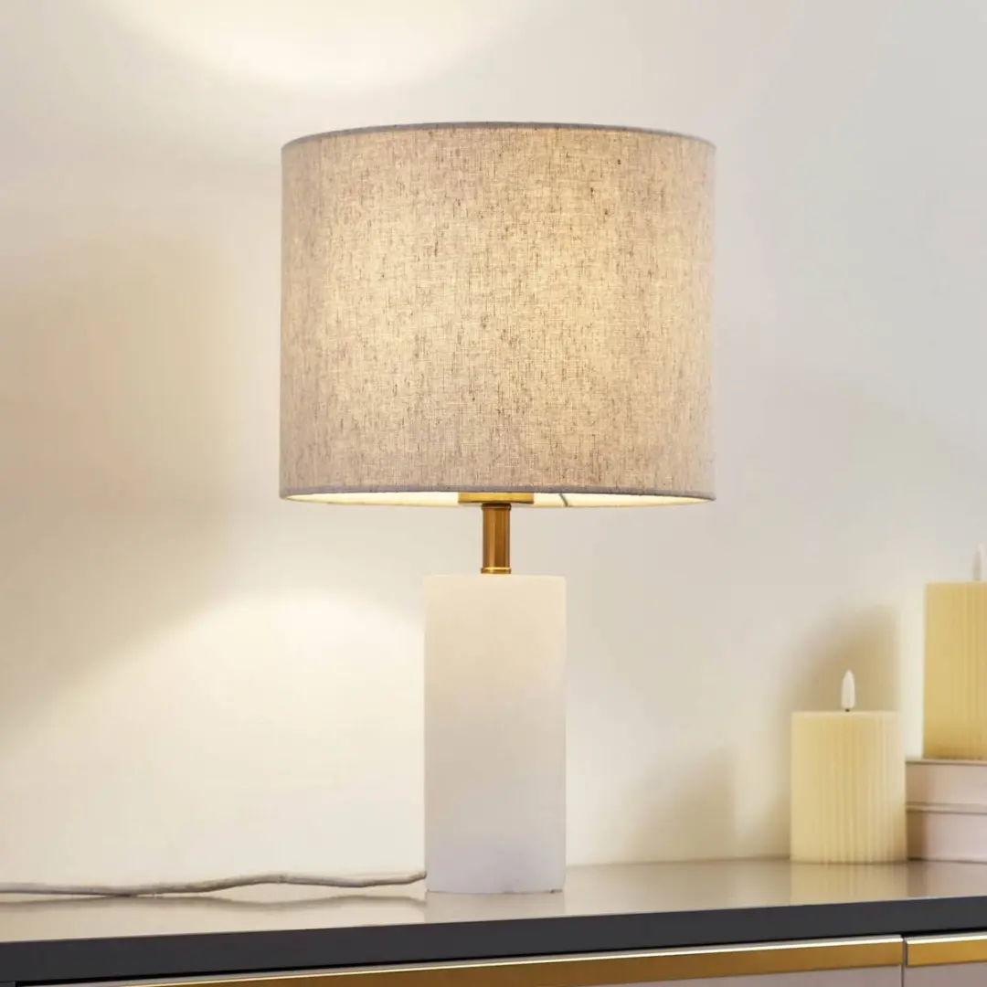 Lindby Tafellamp Marmer Textiel Metaal 25cm - 1 Lichtpunt - Wit/Beige/Goud