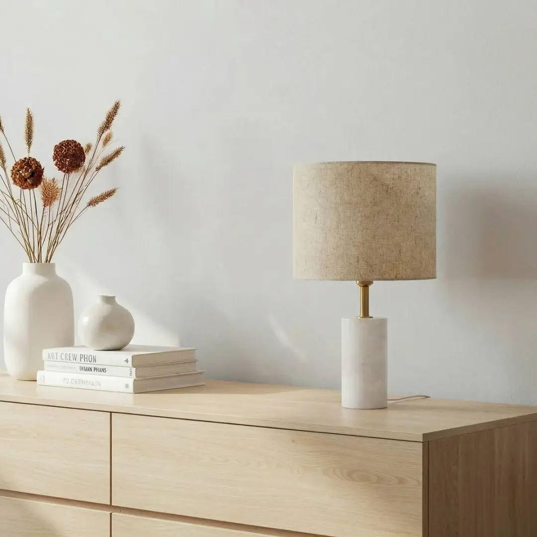 Lindby Tafellamp Marmer Textiel Metaal 25cm - 1 Lichtpunt - Wit/Beige/Goud