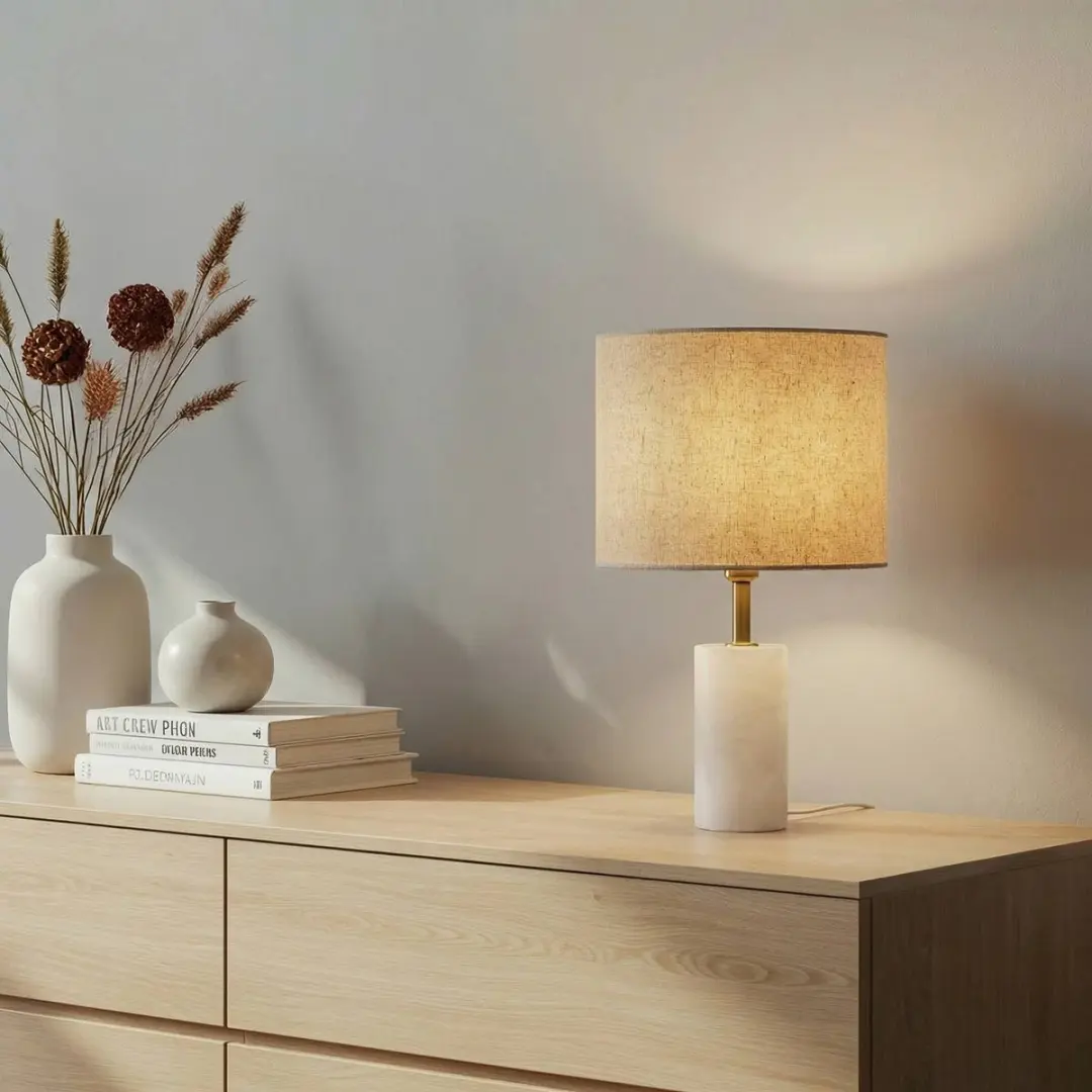 Lindby Tafellamp Marmer Textiel Metaal 25cm - 1 Lichtpunt - Wit/Beige/Goud