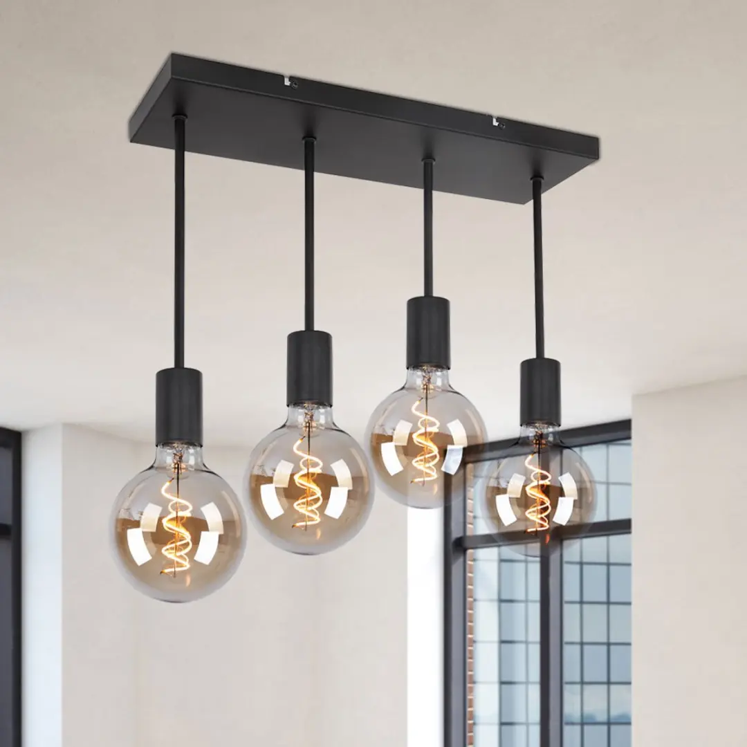Globo Plafondlamp Hanglamp 4x E27 - 45x15x34cm - Zwart - afbeelding 6 van 6
