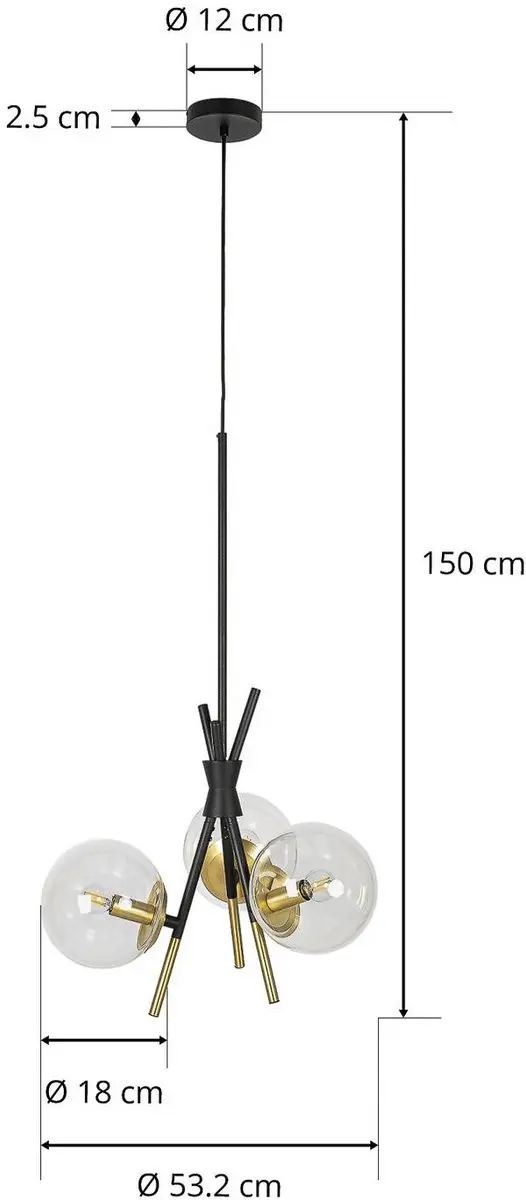 Lucande Hanglamp 3-Lichts Glas - Zwart/Messing