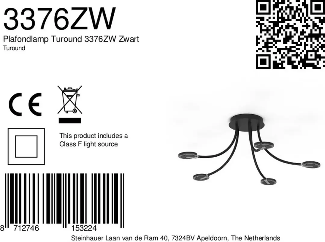 Steinhauer Turound 3376ZW Plafonnier - 5 Lichtpunten Ø91,5cm Zwart - afbeelding 6 van 6