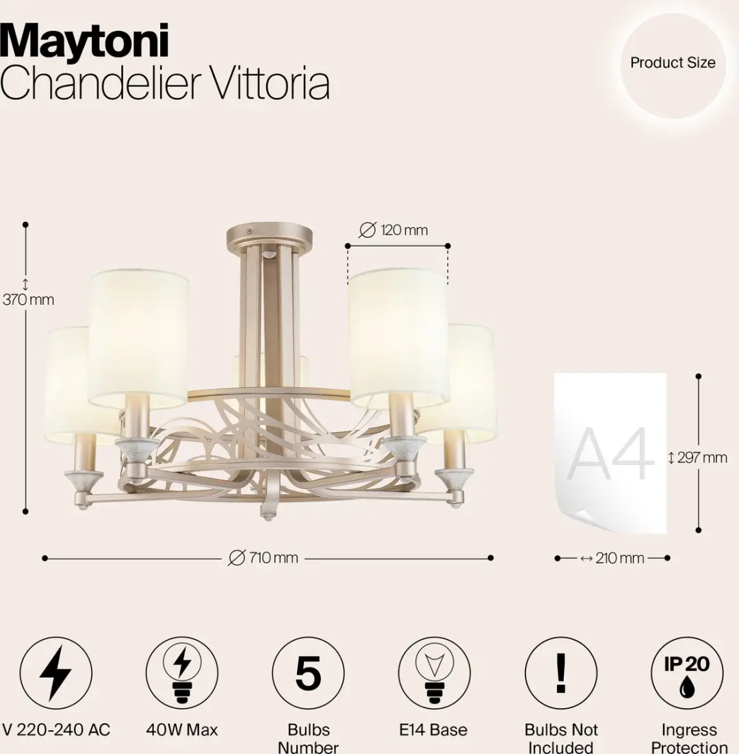 Maytoni Vittoria Kroonluchter - 5 Lichtpunten Ø71cm - Crème/Goud
