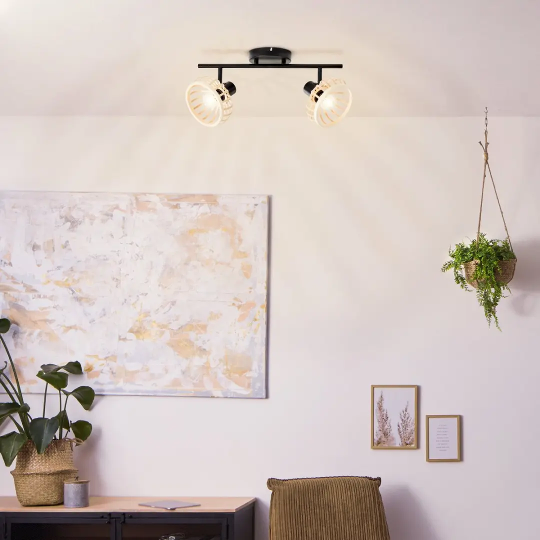 Brilliant Norah Spot 2-Vlammig - 2x28W E14 - Licht Hout/Zwart Metaal/Bamboe
