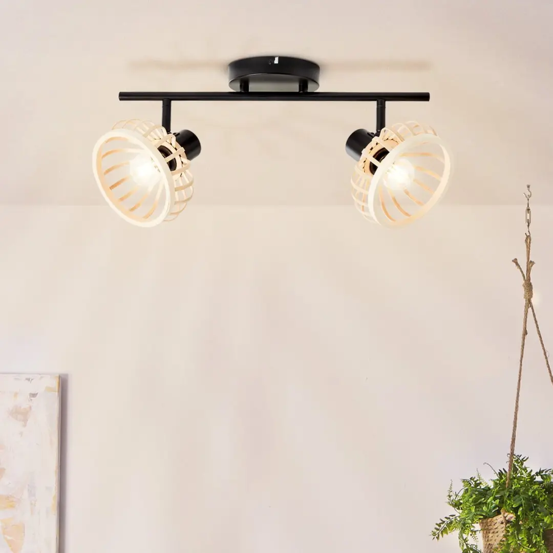 Brilliant Norah Spot 2-Vlammig - 2x28W E14 - Licht Hout/Zwart Metaal/Bamboe