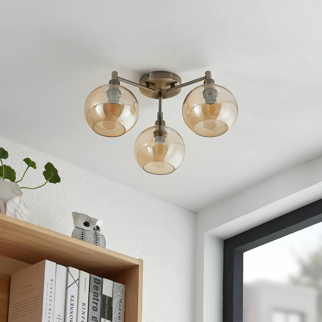 Lindby Plafondlamp 3-Lichts E14 - Ø46cm - Antiek Messing/Amber