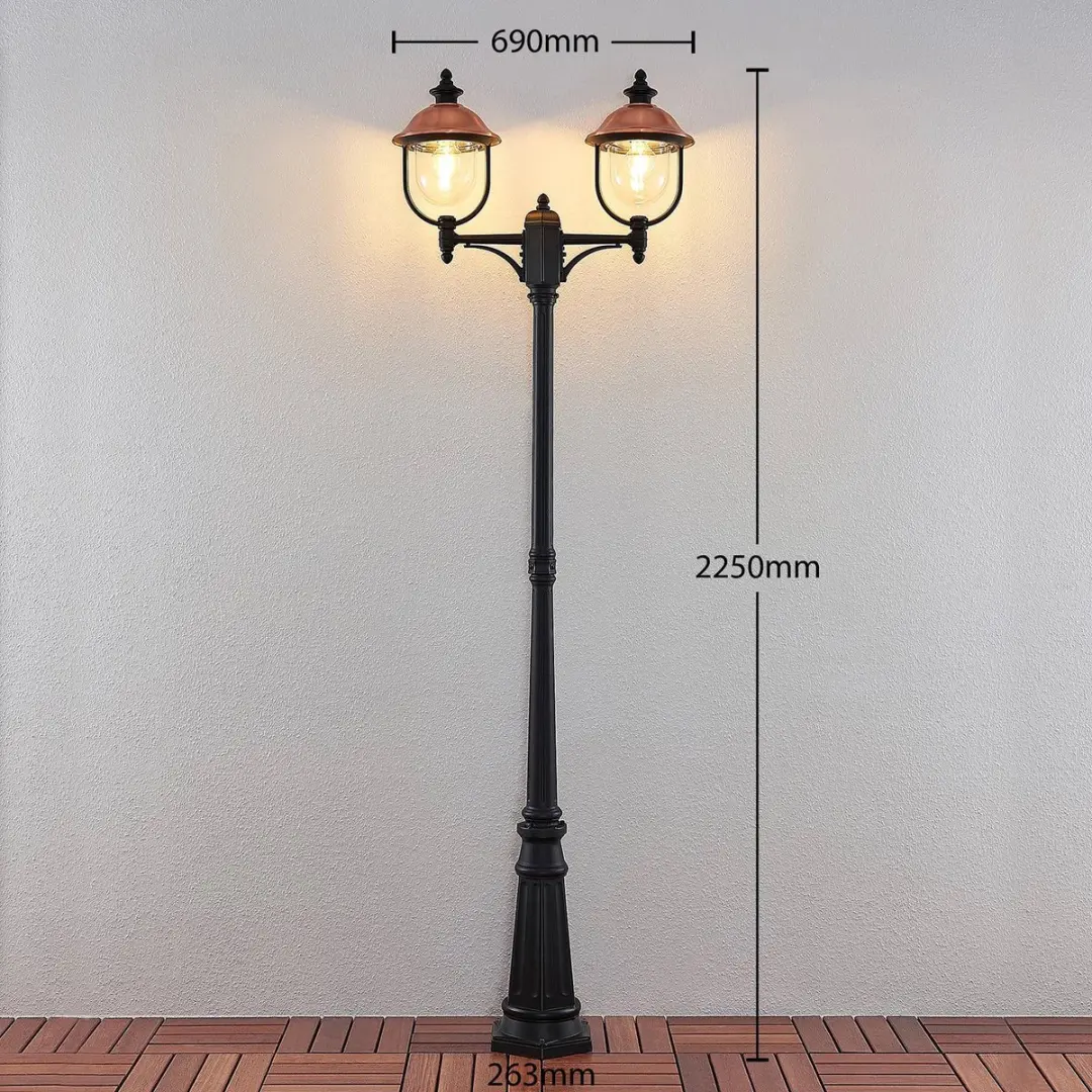 Lindby Lantaarnpaal 2-lichts - 225cm - E27 - Zwart/Koper