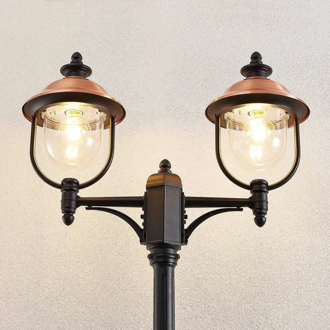 Lindby Lantaarnpaal 2-lichts - 225cm - E27 - Zwart/Koper