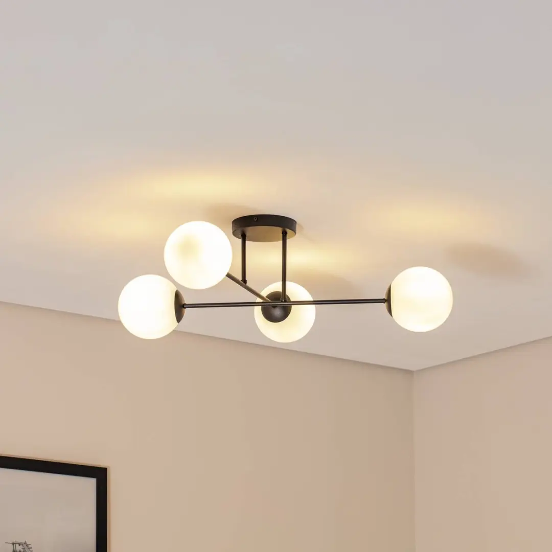 Euluna Plafondlamp 4 Lichtpunten - Staal/Glas - Zwart/Wit Opaal