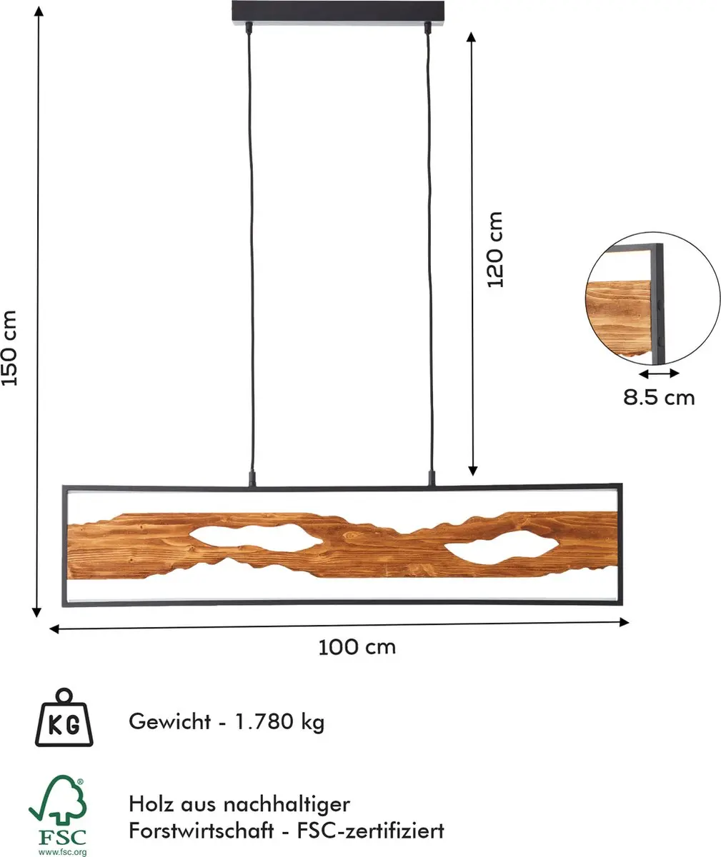 Brilliant LED Hanglamp 100cm - Zwart/Hout - 20W