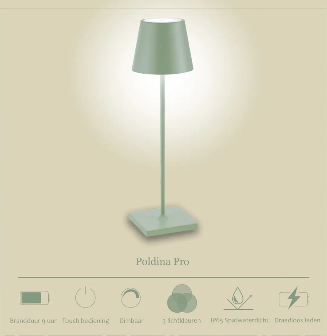 Zafferano Poldina Pro Oplaadbare LED Tafellamp Sage Groen - IP65
