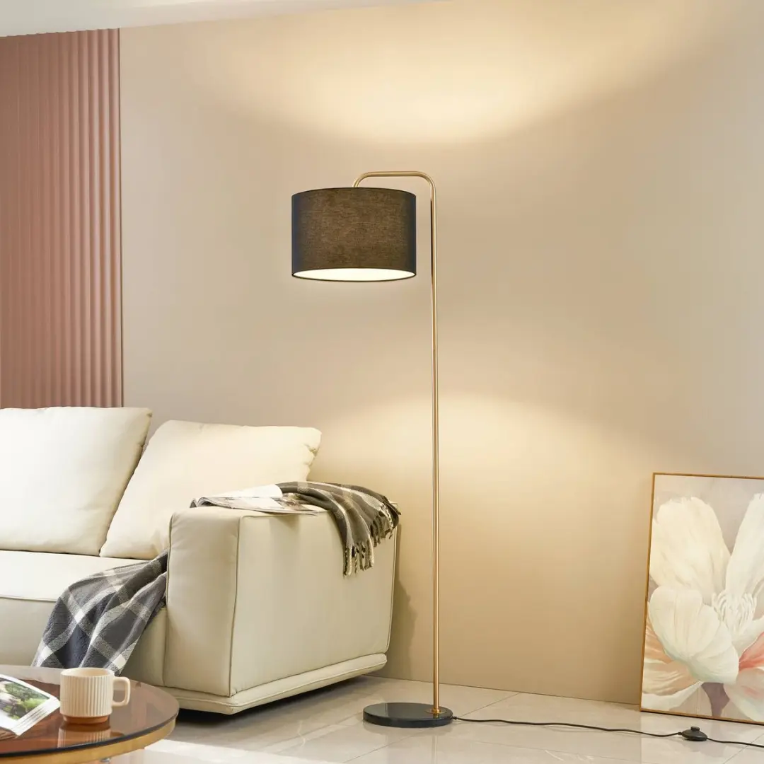 Lindby Vloerlamp 1 Licht Textiel Marmer Metaal 153cm - Zwart/Goud