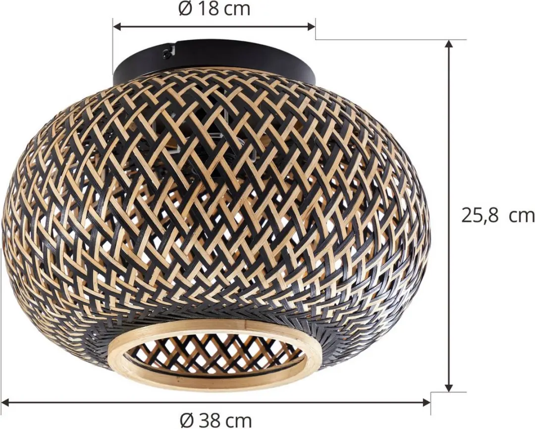 Lindby Plafondlamp Bamboe 1 Licht - Ø38cm - Zwart/Dark Hout