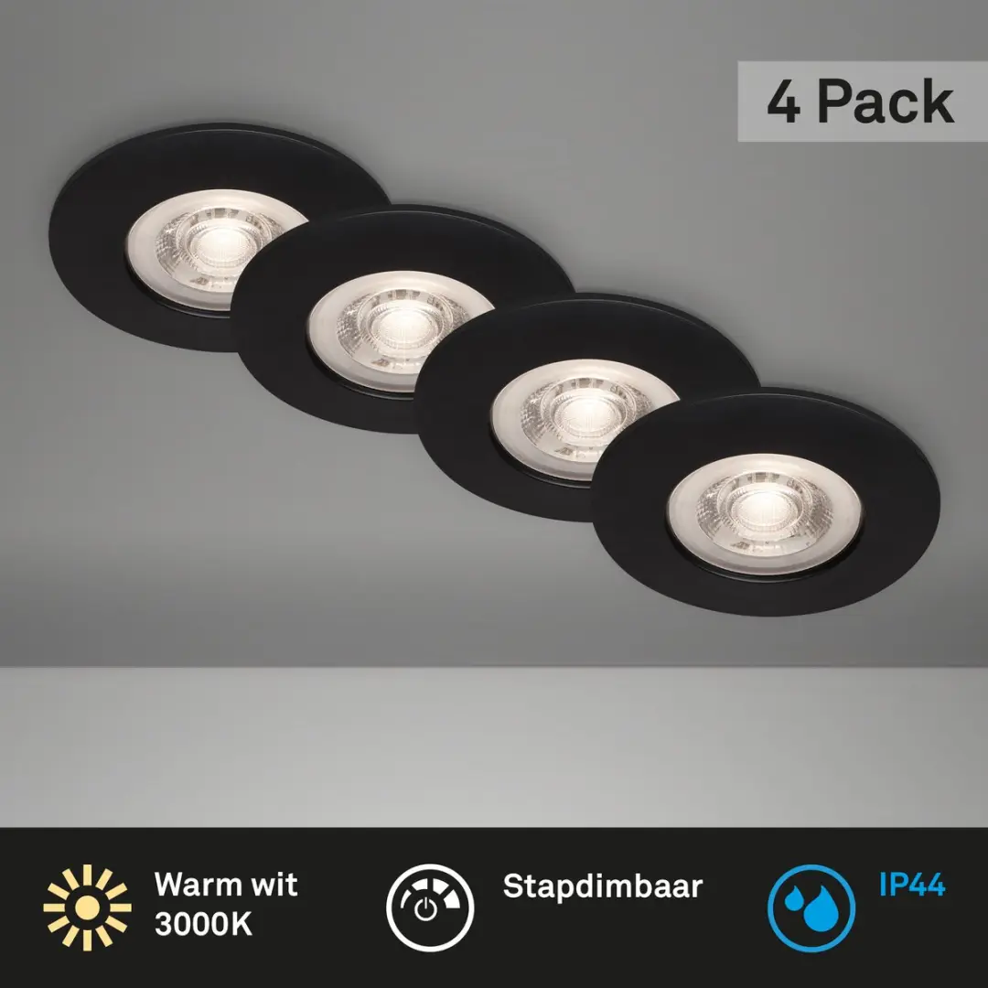 Briloner Kulana LED Inbouwspots Set 4 Stuks - Ø9cm - 4.9W - 480lm - Zwart