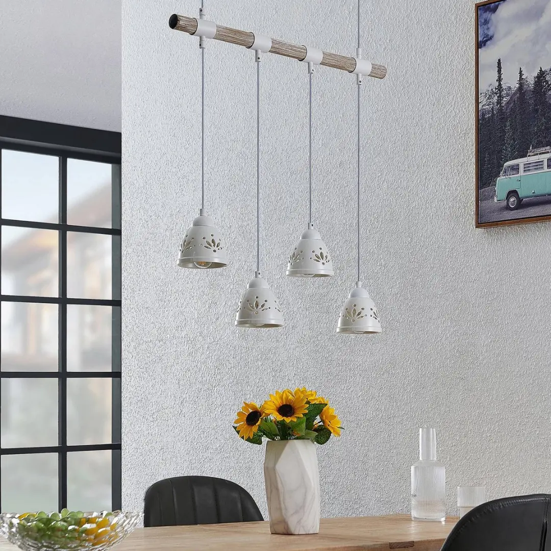 Lindby Hanglamp 4-lichts Staal/Keramiek/Hout - Licht hout/wit