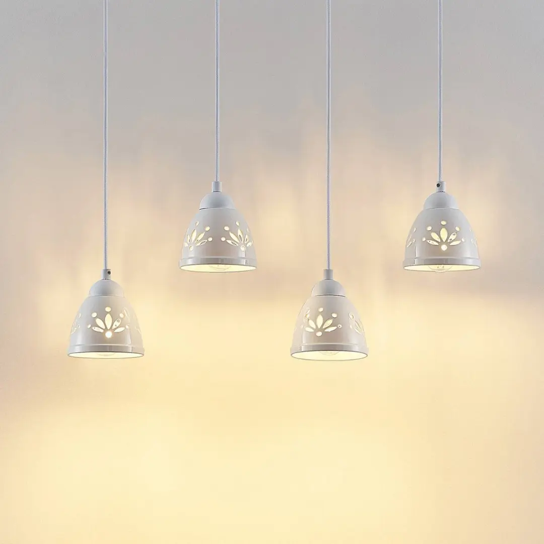 Lindby Hanglamp 4-lichts Staal/Keramiek/Hout - Licht hout/wit