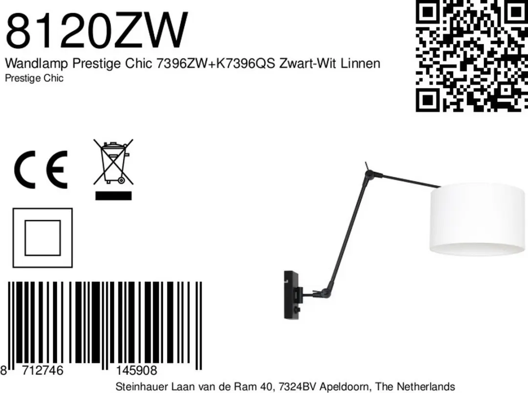 Steinhauer Prestige Chic 8120ZW Wandlamp - Zwart - afbeelding 6 van 6