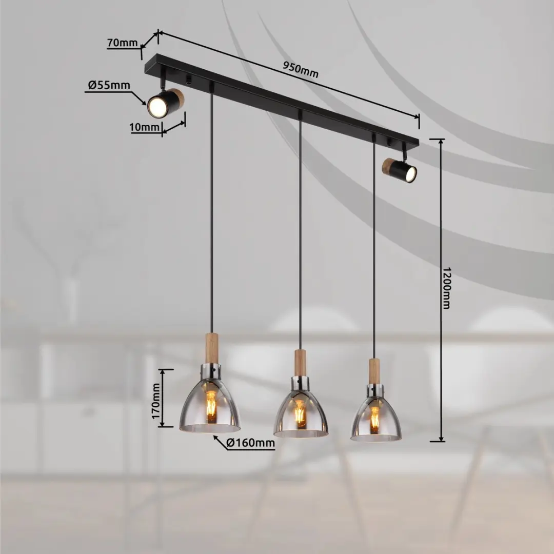 Globo Mattea Hanglamp 5x E27 - Zwart - afbeelding 6 van 6