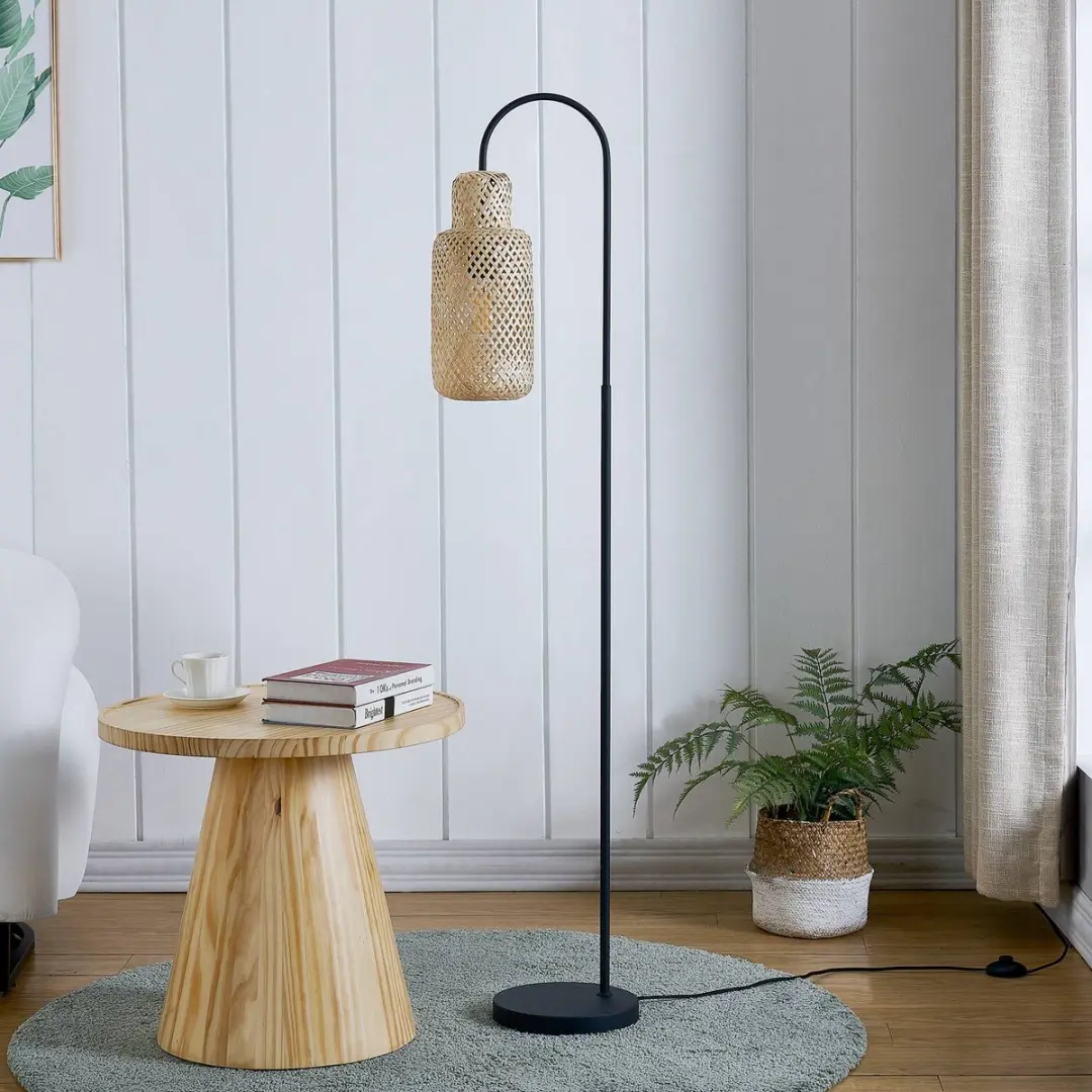 Lindby Vloerlamp IJzer Bamboe 145cm - Licht hout/Zwart