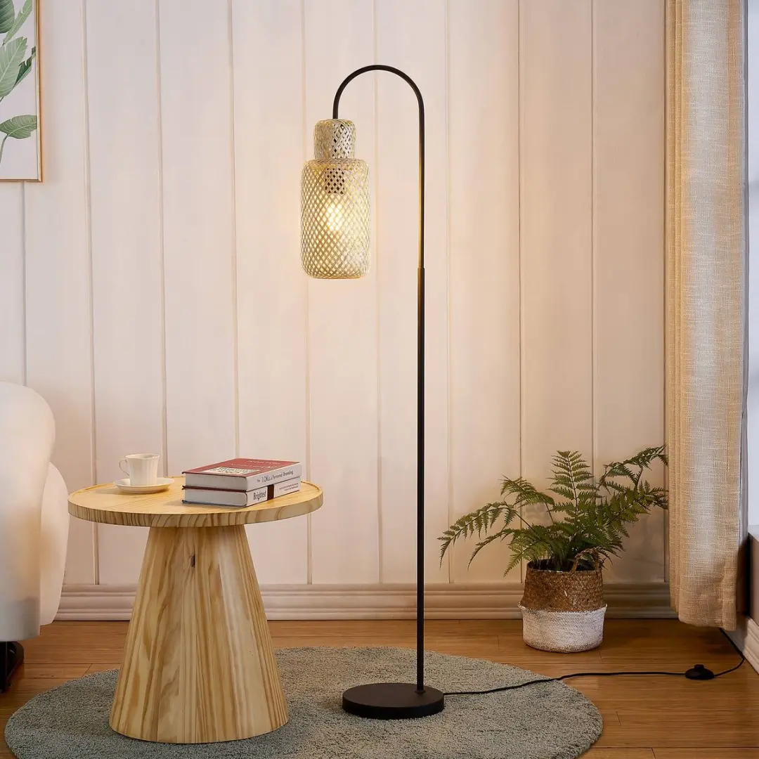 Lindby Vloerlamp IJzer Bamboe 145cm - Licht hout/Zwart