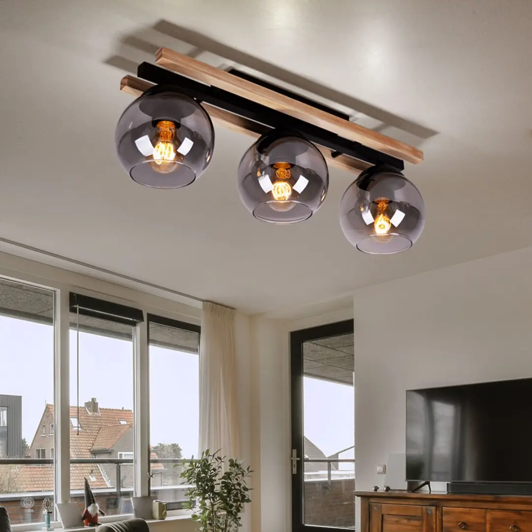 Globo Plafondspot Houten 3-Lichts - Rookglas - 60x20,5cm