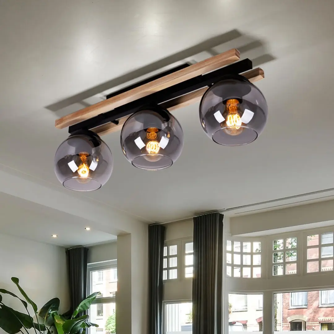 Globo Plafondspot Houten 3-Lichts - Rookglas - 60x20,5cm