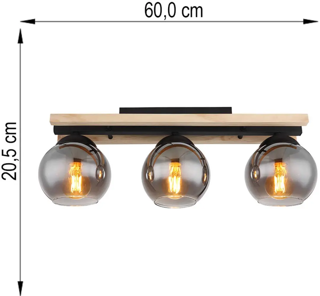 Globo Plafondspot Houten 3-Lichts - Rookglas - 60x20,5cm