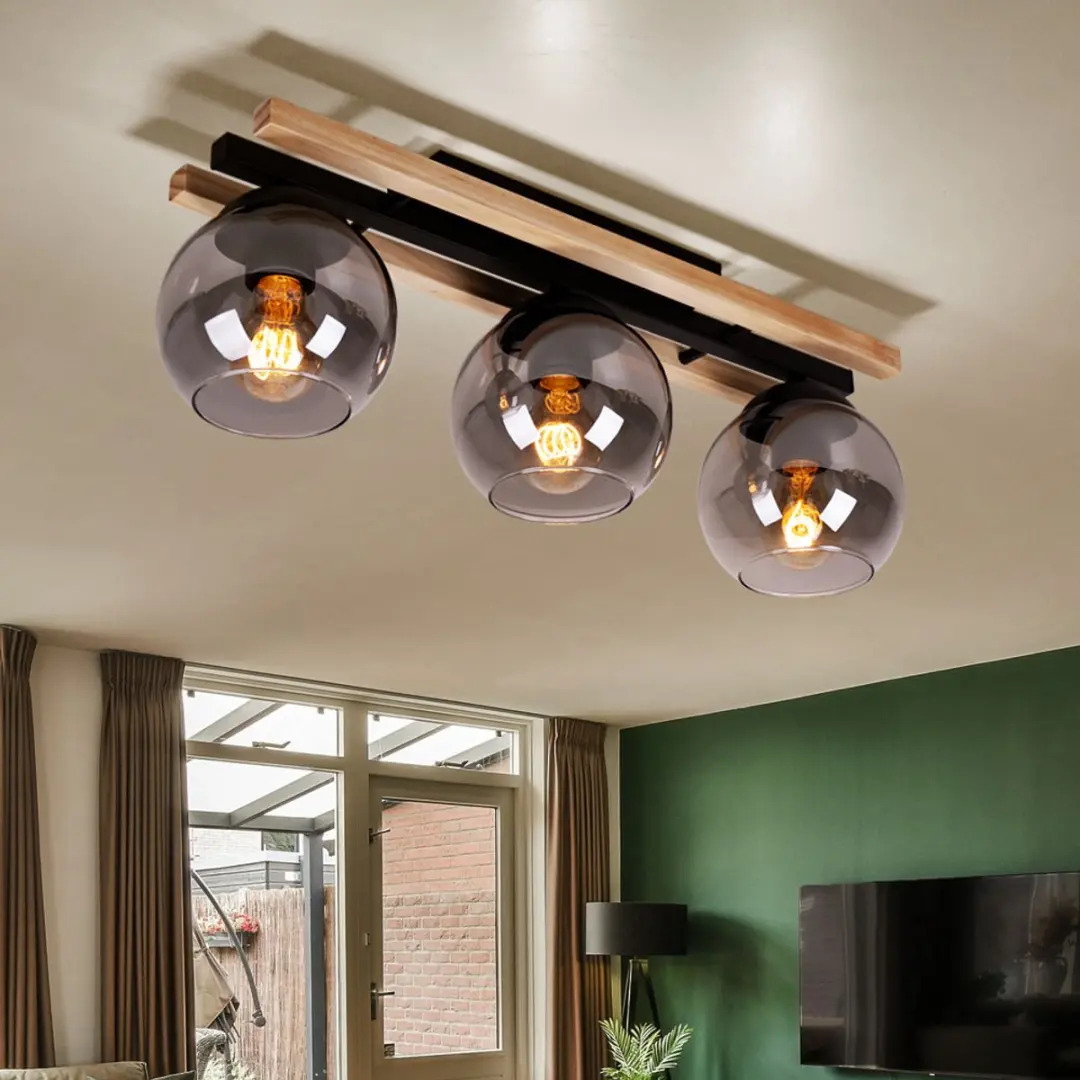 Globo Plafondspot Houten 3-Lichts - Rookglas - 60x20,5cm