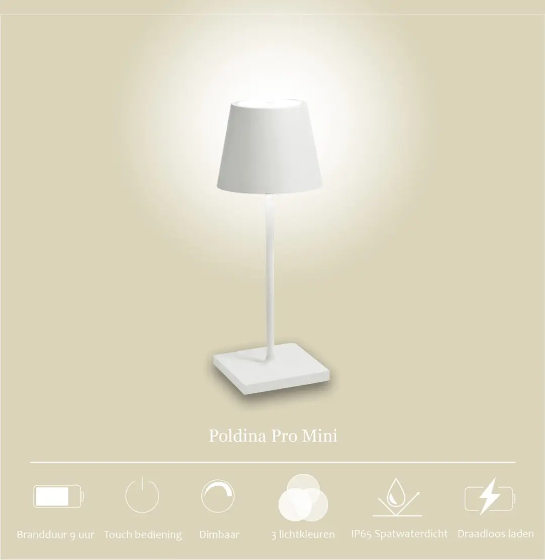 Zafferano Poldina Pro Mini Oplaadbare LED Tafellamp - Wit - IP65