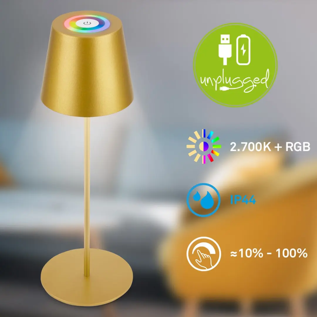 Briloner Calida Oplaadbare Tafellamp RGBW - 2700K - IP44 - Goud