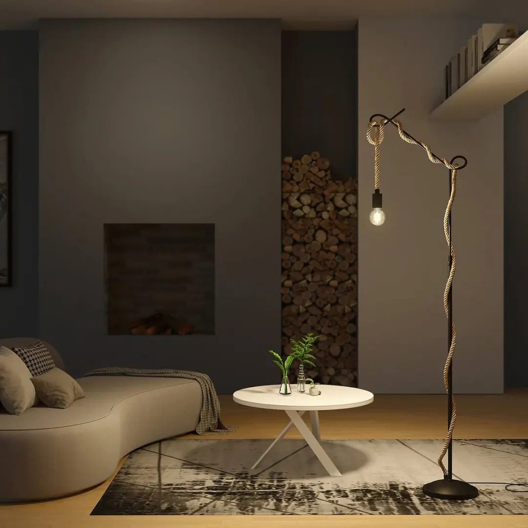 Lucande Vloerlamp Metaal Touw 180cm - E27 - Zwart/Lichtbruin