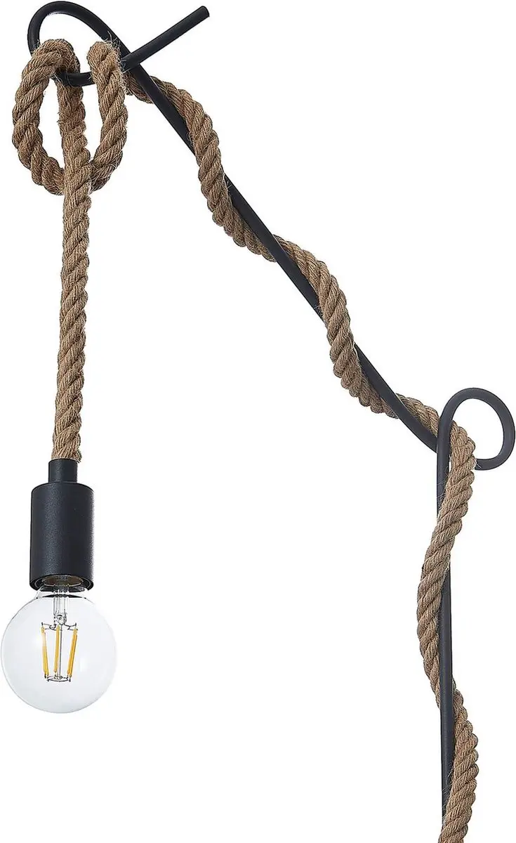 Lucande Vloerlamp Metaal Touw 180cm - E27 - Zwart/Lichtbruin
