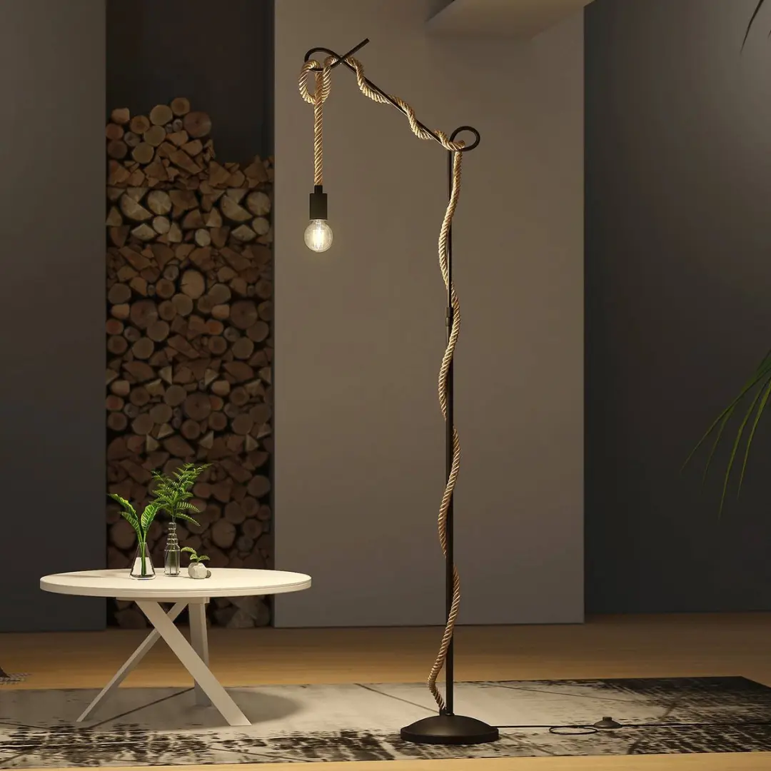 Lucande Vloerlamp Metaal Touw 180cm - E27 - Zwart/Lichtbruin