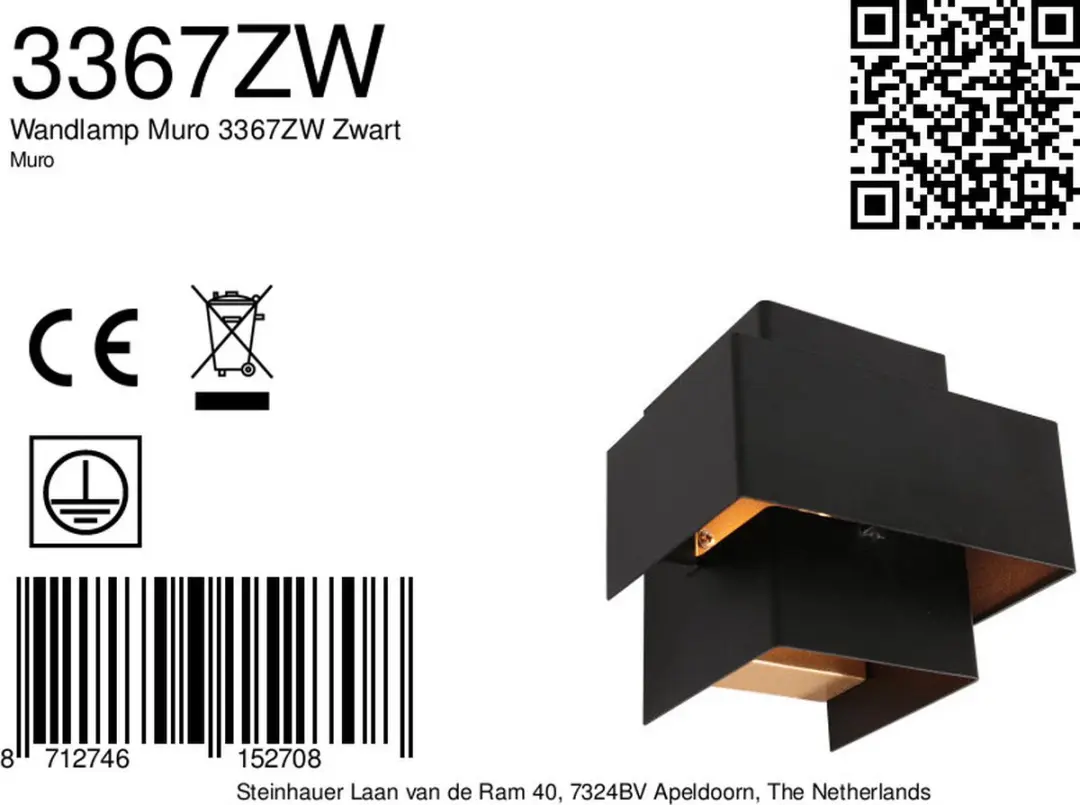Steinhauer Muro 3367ZW Wandlamp - 2 Lichtpunten - Zwart/Goud - afbeelding 6 van 6