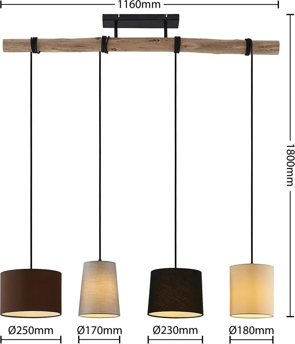 Lindby Hanglamp 4-lichts - Natuurlijk hout/Zwart/Grijs/Beige/Bruin