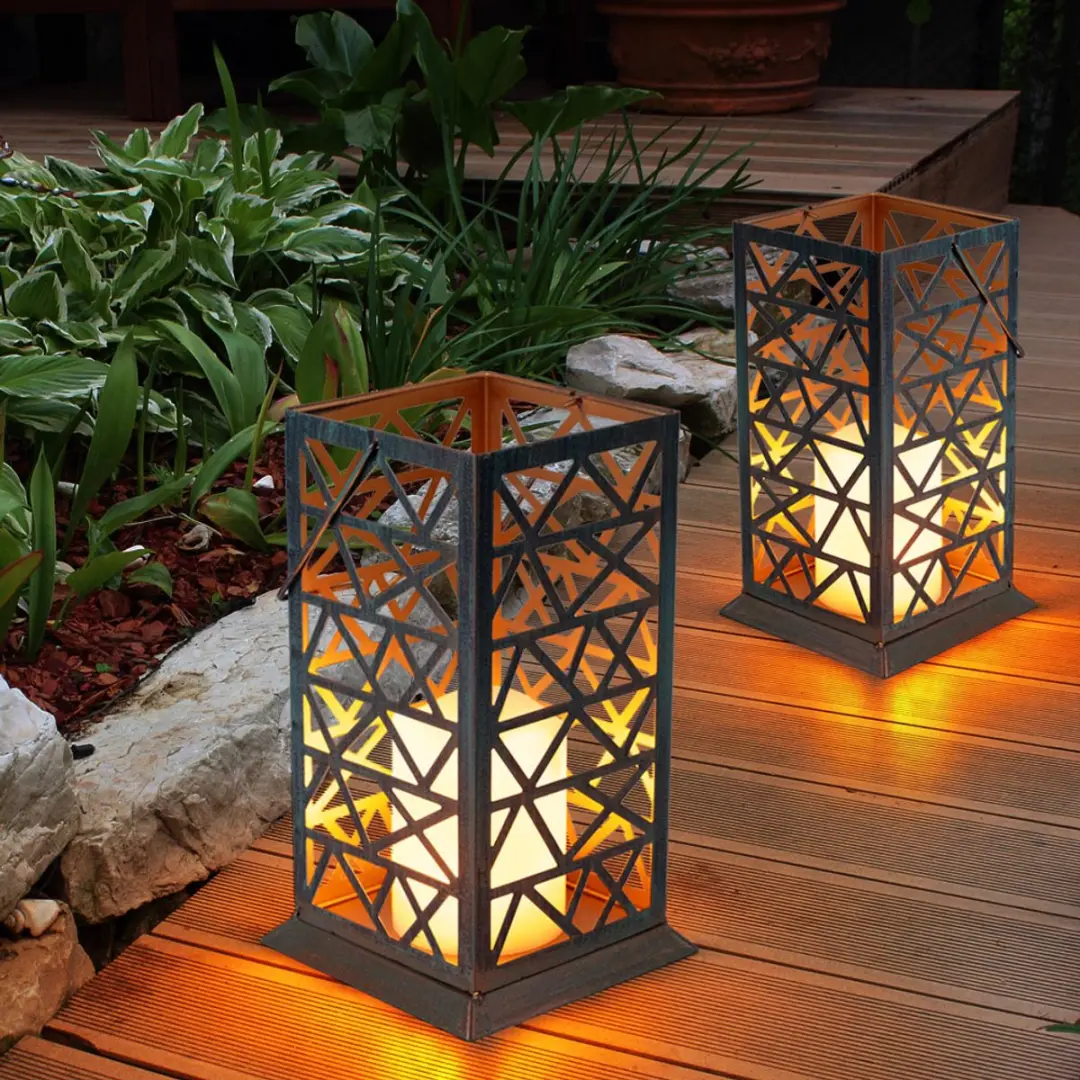 Globo Solar Lantaarn Brandeffect LED Kaars - 2 Stuks - Roestgroen