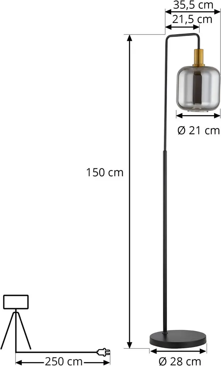 Lindby Vloerlamp Metaal Glas 150cm - E27 - Zwart/Goud/Rook