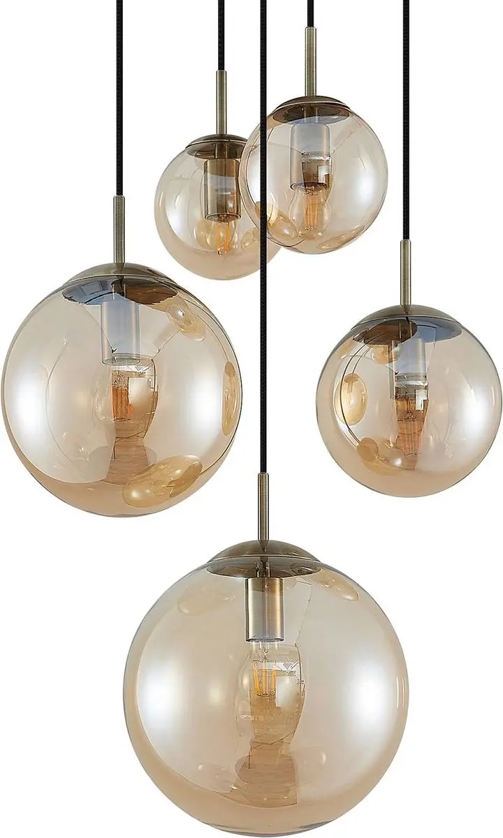 Lindby Hanglamp 5-lichts Glas Staal - Amber/Oud Messing