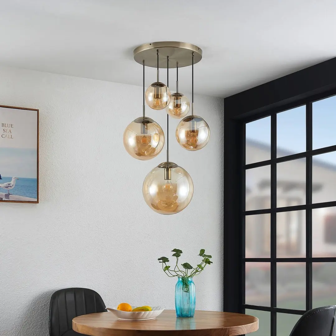 Lindby Hanglamp 5-lichts Glas Staal - Amber/Oud Messing